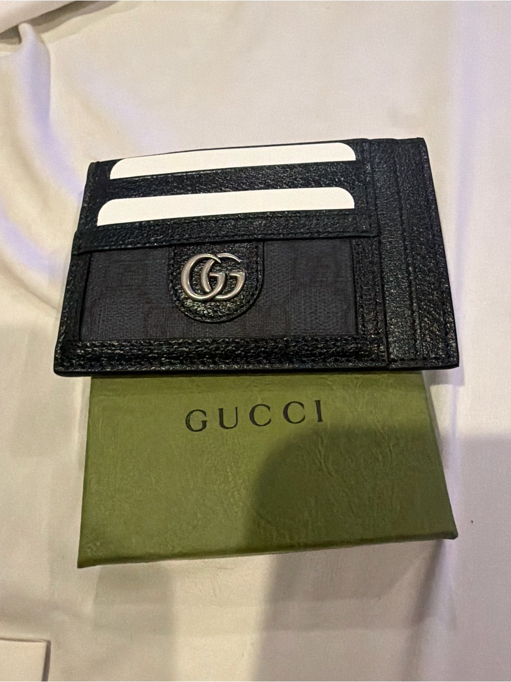 Gucci Black GG Leather Card Holder with Silver Hardware